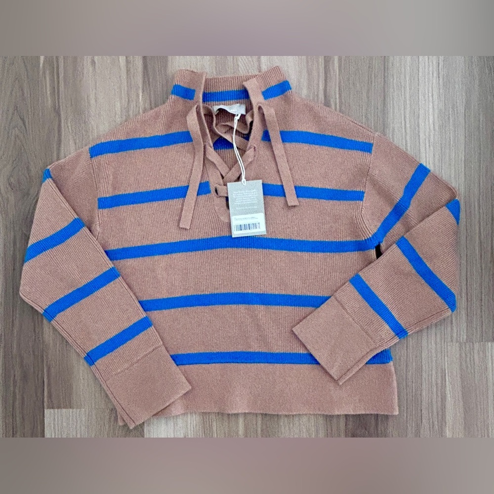 NEW NWT Everlane Sweater Womens S Brown Blue Striped Lace Up Wool Blend Coastal
